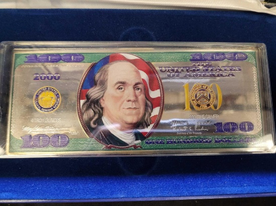 4 Troy Oz .999 Fine Silver Rare Colorized $100 Bill Ben Franklin Bar 2000 Washington Mint