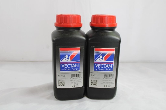 Two bottles of VECTAN reloading powder. Both are Ba7 1/2 pistol powder. New, unopened. Will not