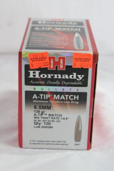 One box of Hornady A-Tip Match 6.5mm 135 gr. min twist rate 1-8.5". 100 count, new.