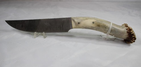 Custom Ruana Explorer No. 176. 6.5 inch blade with antler handle. Custom beaded suede leather sheath