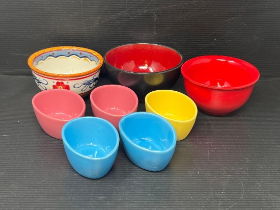 5 BIA Egg-Shaped Ramekins and 3 Bowls- Red & Black w/ Red Interior Pottery and Colorful Ceramic