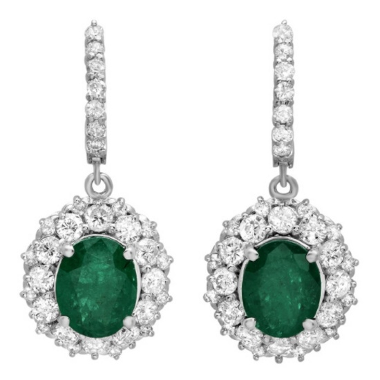14K Gold 5.00ct Emerald & 3.25ct Diamond Earrings