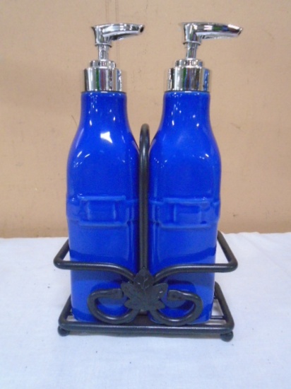 Set of 2 Longaberger Woven Traditions Cornflower Blue Pump Bottles