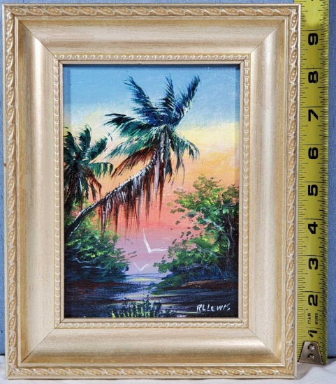 Original Highwaymen R. L. Lewis Acrylic On Canvas Board "Lagoon With Palm Tree"