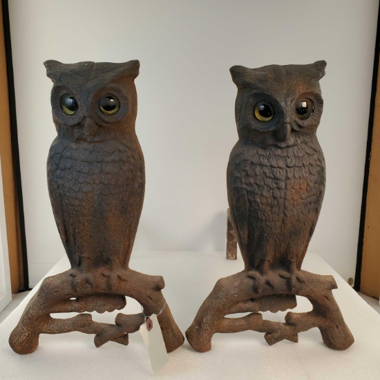 Pair Of USA 918-1 Cast Iron Owl Andirons With Glass Eyes