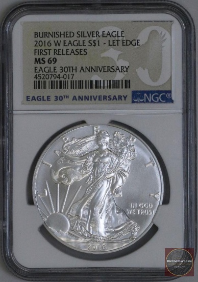 2016 W American Silver Eagle Burnished 1oz Fine Silver (NGC) MS69 Lettered Edge