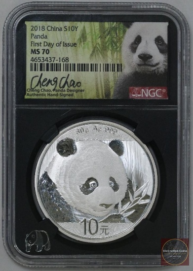 2018 China 10 Yuan 30g. Silver Panda (NGC) MS70 First Day Issue