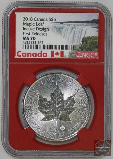 2018 Canada $5 Maple Leaf Incuse Design 1oz. Fine Silver (NGC) MS70 First Release