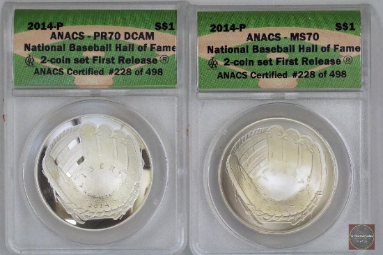 2-Coin Set 2014 P National Baseball Hall of Fame Commemorative Dollars (ANACS) Certified PR & MS 70