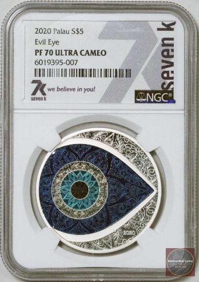 2020 Palau $5 Evil Eye 1oz. .999 Fine Silver Colorized (NGC) PF70 Ultra Cameo