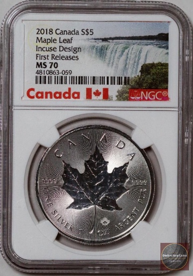 2018 Canada $5 Maple Leaf Incuse Design 1oz. Fine Silver (NGC) MS70 First Release