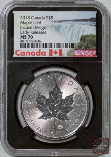 2018 Canada $5 Maple Leaf Incuse Design 1oz. Fine Silver (NGC) MS70 Early Releases