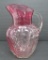 Cranberry glass paneled feather floral beaded pitcher, 9