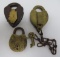 Three vintage locks, one with key, 3