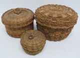 Three New England woven baskets, miniatures, 2 1/2