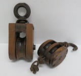 Two small wooden pulleys, 8 1/2