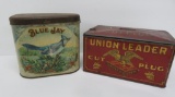 Two antique tobacco tins, Blue Jay and Union Leader Cut Plug