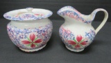 Spatterware covered sugar and creamer, pink and blue floral, 4