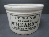Advertising stoneware butter crock, O' Hearn's, Melrose Wisconsin, 3 1/2