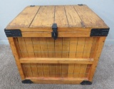 Neat Wood shipping crate box with metal trim and cloth strap handles