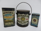 Three vintage Monarch tins, Tea, Cocoa and Peanut Butter, 3