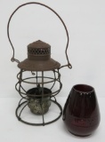 Rare WC Ry ruby railroad lantern globe and C & NW Ry lantern frame
