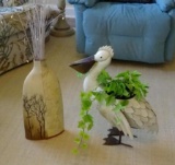 Metal Pelican (plant holder) and glass vase
