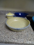 Large Pottery dish, small baking dish and blue glass bowl in shape of a fish