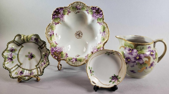 (3) Pcs. of Violet Pattern Nippon and (1) Handpainted Creamer
