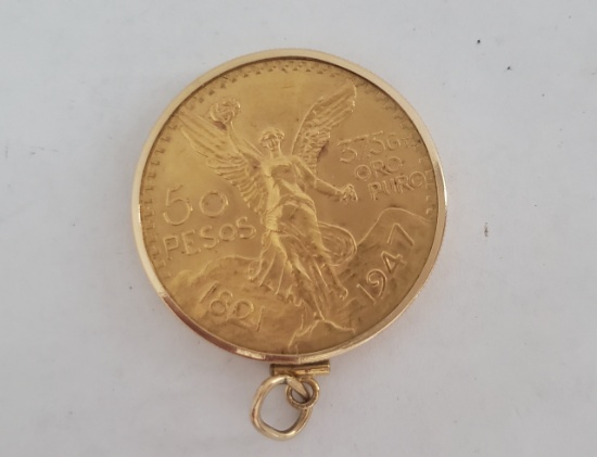 1947 MEXICO GOLD 50 PESOS COIN WITH 14KT GOLD BEZEL