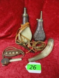 POWDER FLASKS AND HORN WITH TOOL