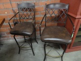 PAIR OF METAL AND BAR STOOLS WITH FAUX LEATHER SEATS
