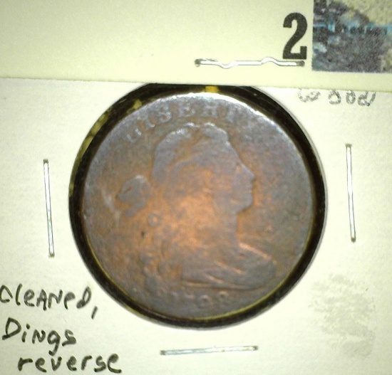1798 U.S. Large Cent, Style 1 hair, Good, cleaned, dings on reverse.