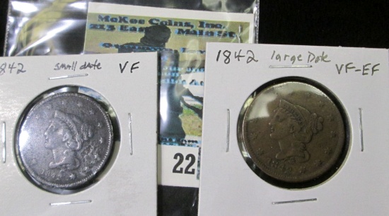 1842 small date VF & 1842 Large Date, VF-EF U.S. Large Cents.