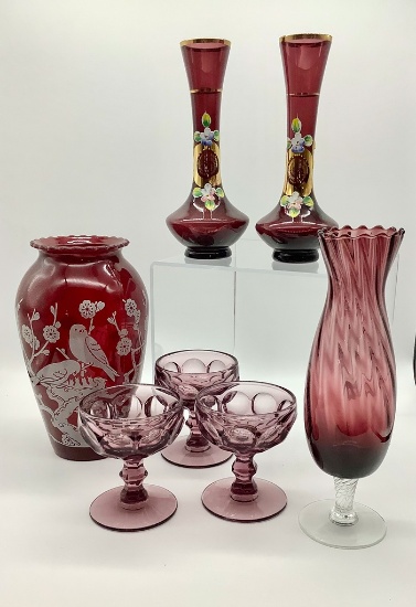 3 Amethyst Glass 1950s Stems;     Amethyst Art Glass Vase - 10" Tall;     2