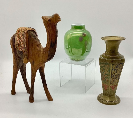 Carved Wooden Camel - 9¼" Tall;     Vintage India Hand Painted Brass Vase -