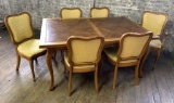 Vintage French Draw-Leaf Table W/ Pads & 6 Chairs - Some Wear On Chair Pads