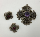 Beautiful Vintage Sterling & Amethyst Cross Pendant & Earrings