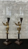 Pair Large Candlesticks With Glass Hurricane Shades - 31