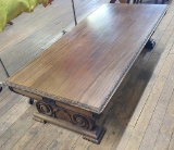 Circa 1920s Large Mahogany Low Table W/ Great Carved Features & Center Draw
