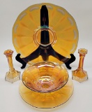 Marigold Carnival Glass 5-piece Console Set - Wide Panel, Platter Is 14½