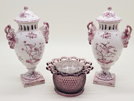 Pair Faience Reticulated Jars W/ Lids - 10½" Tall, Some Loss On Lid Tops;