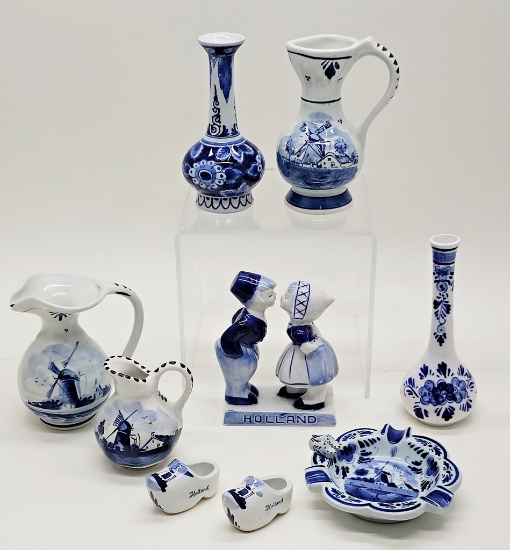 9 Pieces Vintage Blue Delftware - Tallest Is 6¼"