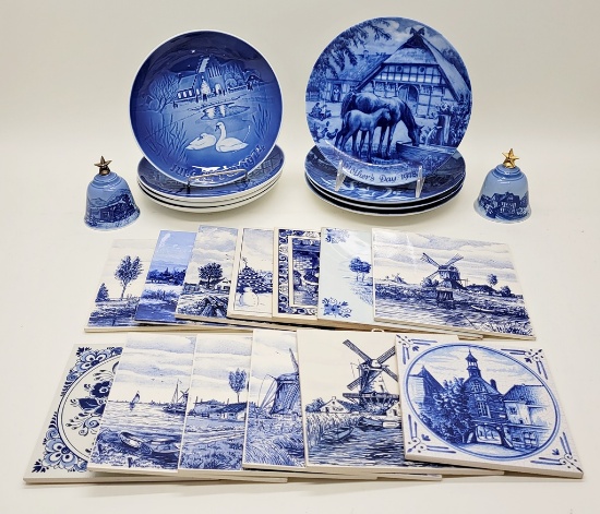 8 Blue & White Collectors Plates;     13 Blue Delft Tiles;     2 Bing & Gro