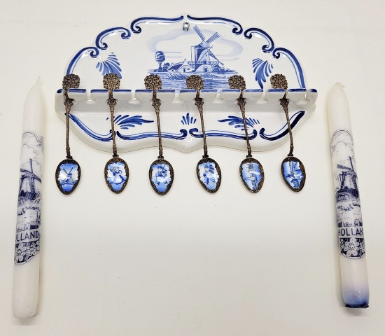 Blue Delft Spoon Rack W/ 6 Enameled Tea Spoons;     Pair Blue Delft Candles