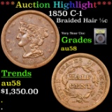 ***Auction Highlight*** 1850 Braided Hair Half Cent C-1 1/2c Graded Choice AU/BU Slider BY USCG (fc)