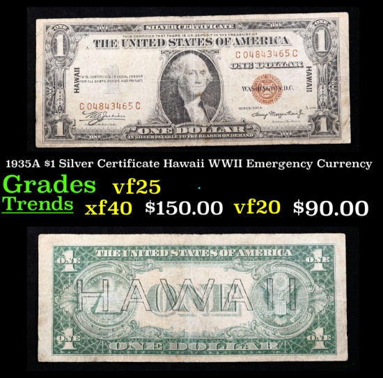 1935A $1 Silver Certificate Hawaii WWII Emergency Currency Grades vf+