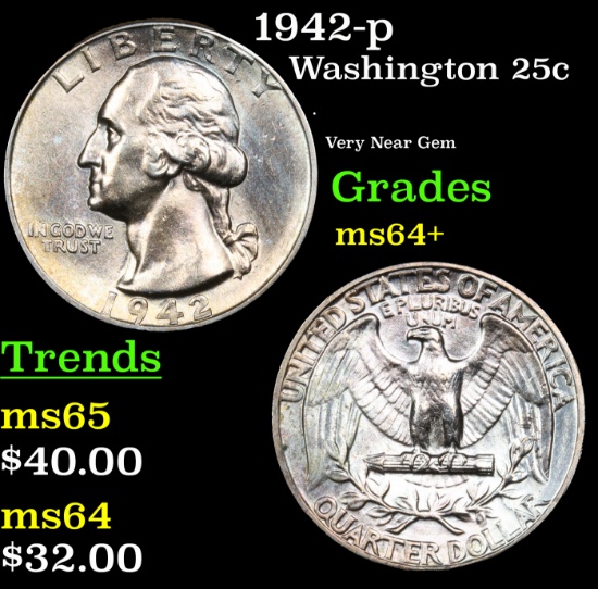 1942-p Washington Quarter 25c Grades Choice+ Unc