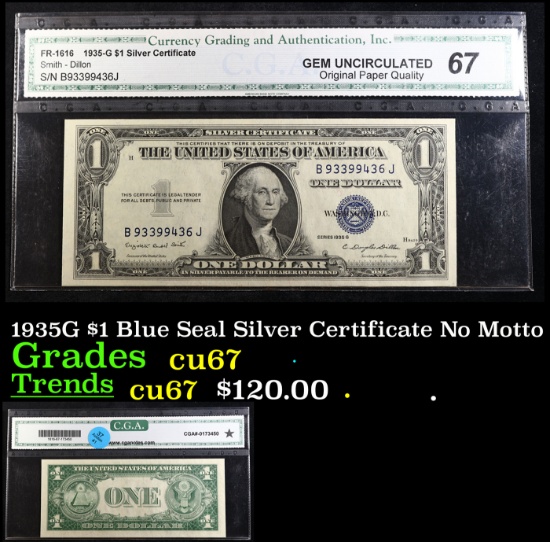 1935G $1 Blue Seal Silver Certificate Graded cu67 By CGA No Motto