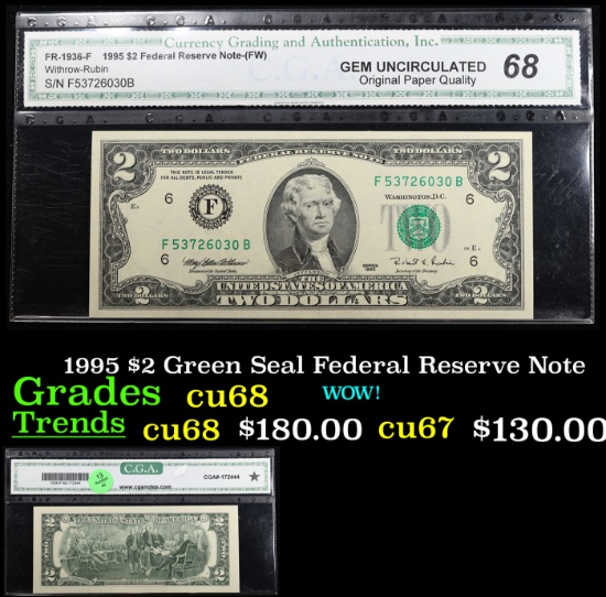 1995 $2 Green Seal Federal Reserve Note Graded cu68 By CGA